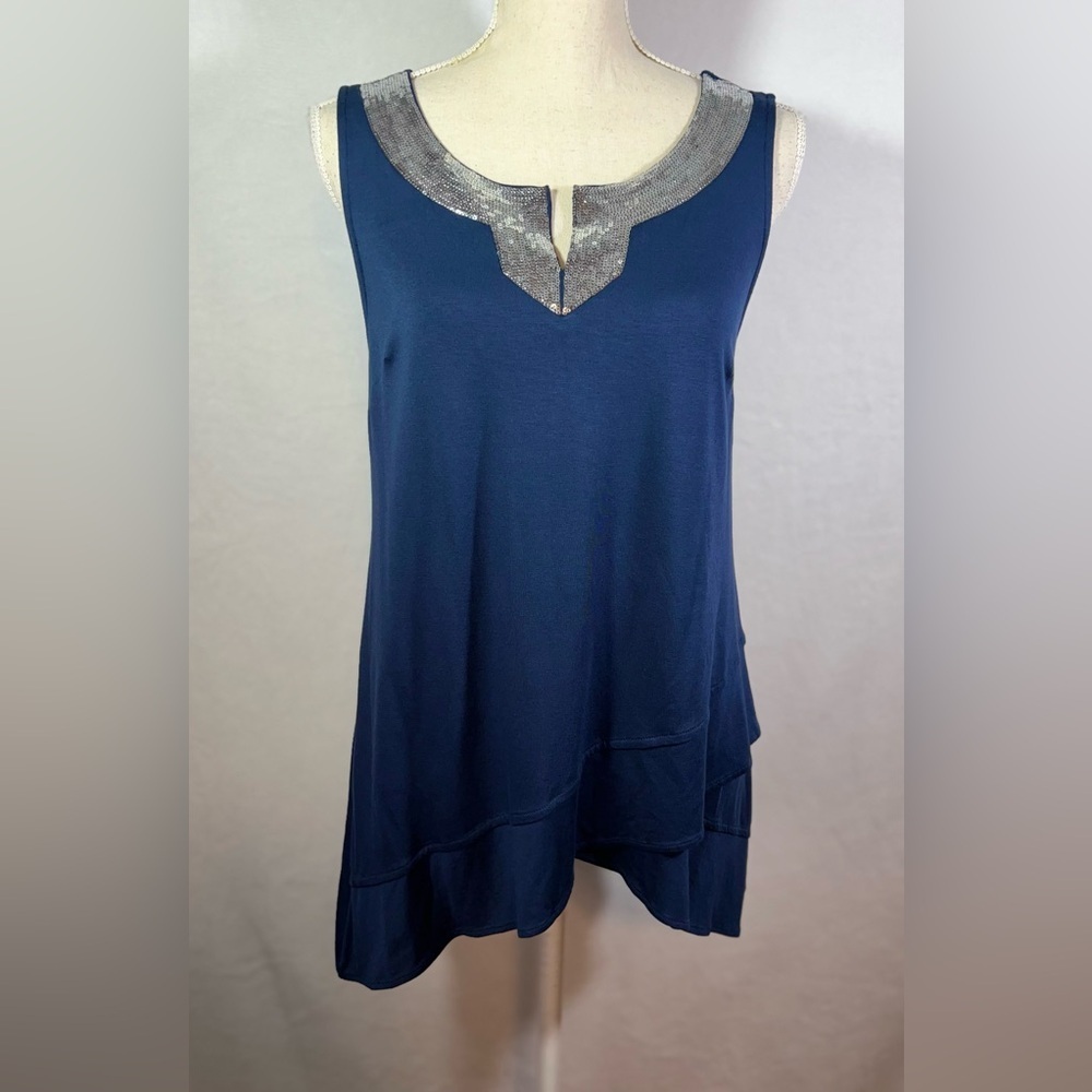 Midnight Velvet Blouse Women’s Size Small Sequin V- Neck Blue Tank - Picture 8 of 8